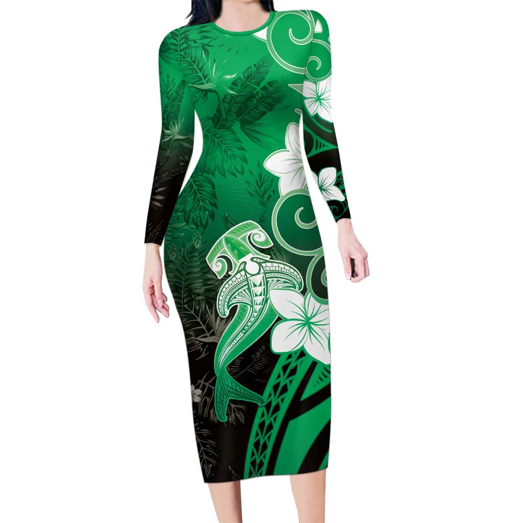 Polynesia Hammerhead Shark Family Matching Long Sleeve Bodycon Dress and Hawaiian Shirt Green Tribal Pattern With Plumeria - Polynesian Pride