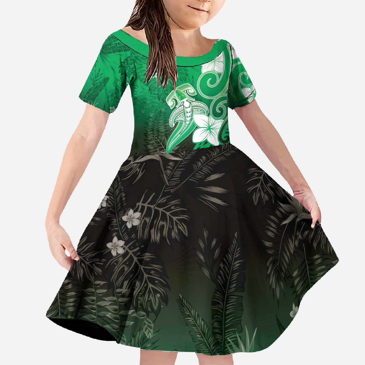 Polynesia Hammerhead Shark Family Matching Off The Shoulder Long Sleeve Dress and Hawaiian Shirt Green Tribal Pattern With Plumeria LT05 Daughter's Dress Green - Polynesian Pride