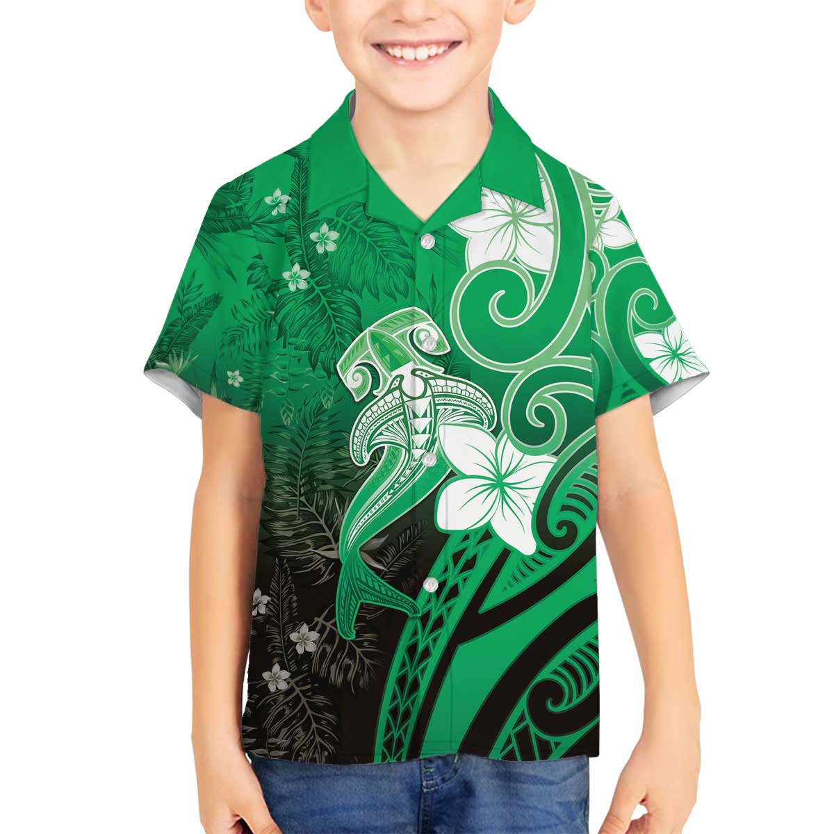 Polynesia Hammerhead Shark Family Matching Off The Shoulder Long Sleeve Dress and Hawaiian Shirt Green Tribal Pattern With Plumeria LT05 Son's Shirt Green - Polynesian Pride