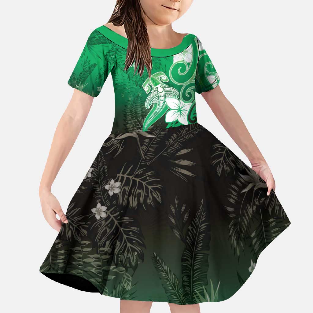 Polynesia Hammerhead Shark Family Matching Off Shoulder Maxi Dress and Hawaiian Shirt Green Tribal Pattern With Plumeria - Polynesian Pride