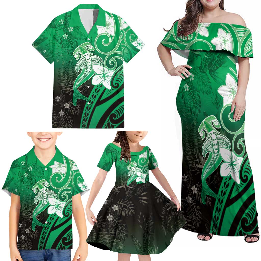 Polynesia Hammerhead Shark Family Matching Off Shoulder Maxi Dress and Hawaiian Shirt Green Tribal Pattern With Plumeria - Polynesian Pride