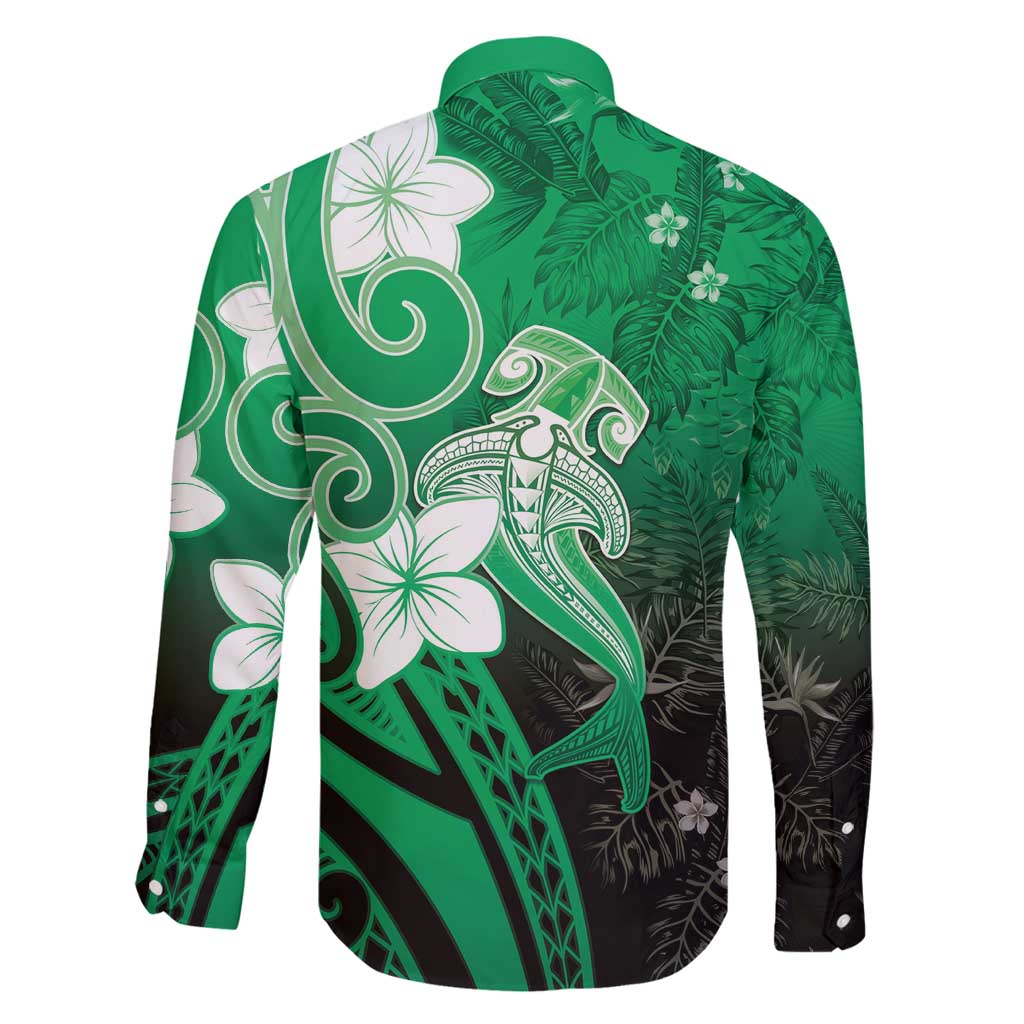 Polynesia Hammerhead Shark Family Matching Off Shoulder Maxi Dress and Hawaiian Shirt Green Tribal Pattern With Plumeria - Polynesian Pride