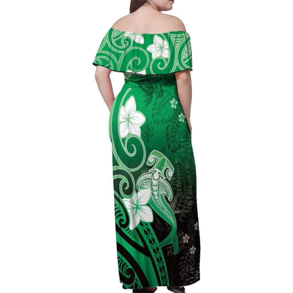 Polynesia Hammerhead Shark Family Matching Off Shoulder Maxi Dress and Hawaiian Shirt Green Tribal Pattern With Plumeria - Polynesian Pride