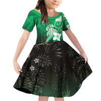 Polynesia Hammerhead Shark Family Matching Off Shoulder Short Dress and Hawaiian Shirt Green Tribal Pattern With Plumeria - Polynesian Pride