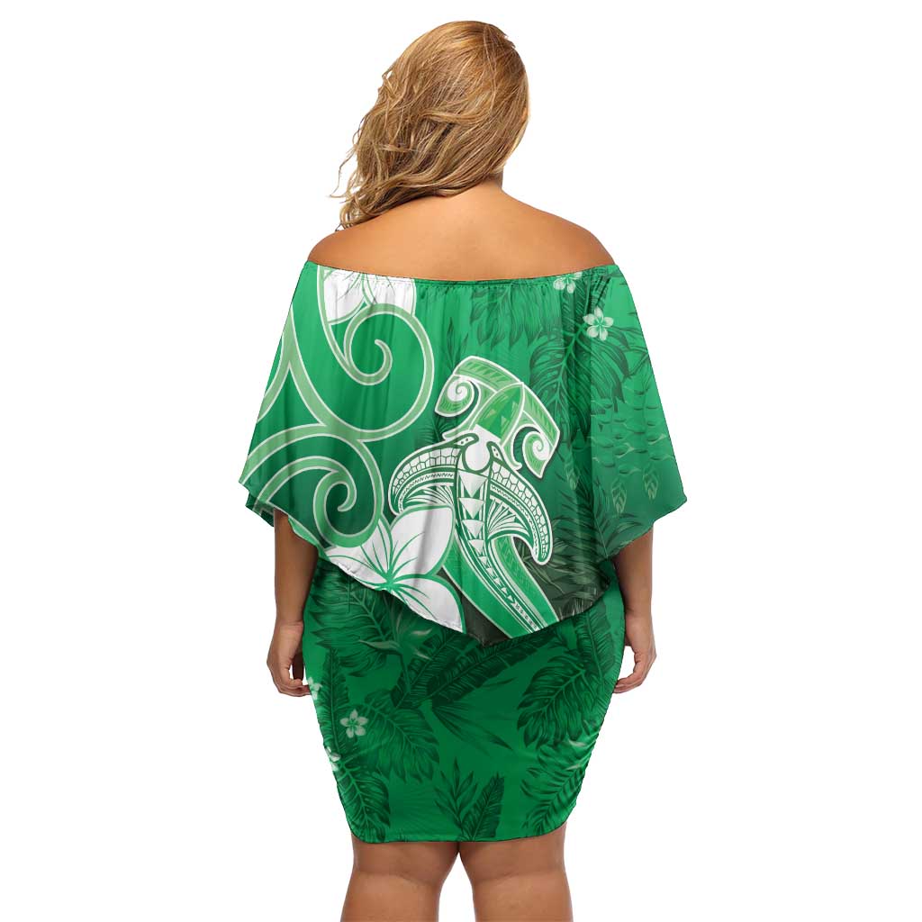 Polynesia Hammerhead Shark Family Matching Off Shoulder Short Dress and Hawaiian Shirt Green Tribal Pattern With Plumeria - Polynesian Pride