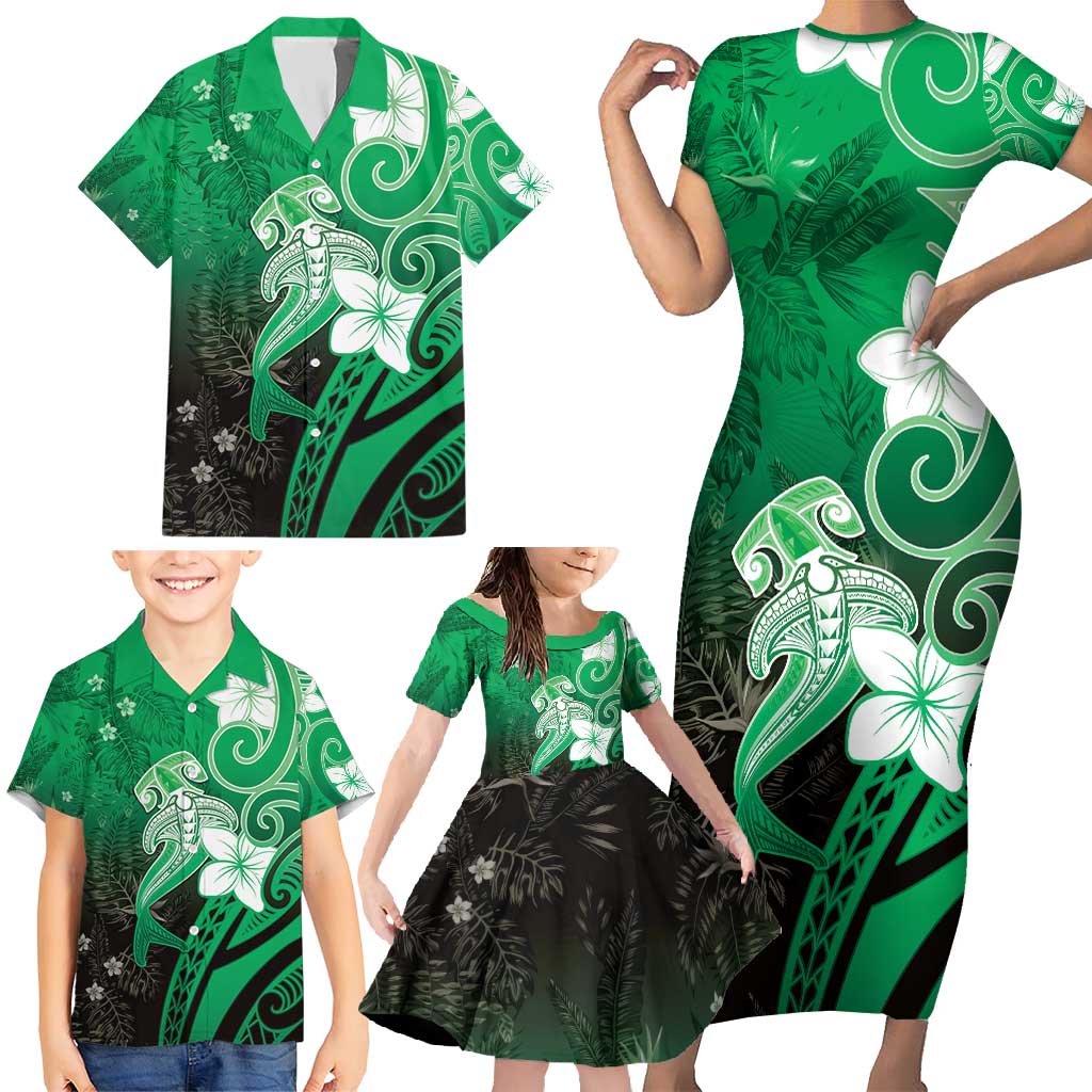 Polynesia Hammerhead Shark Family Matching Short Sleeve Bodycon Dress and Hawaiian Shirt Green Tribal Pattern With Plumeria - Polynesian Pride
