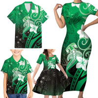 Polynesia Hammerhead Shark Family Matching Short Sleeve Bodycon Dress and Hawaiian Shirt Green Tribal Pattern With Plumeria - Polynesian Pride