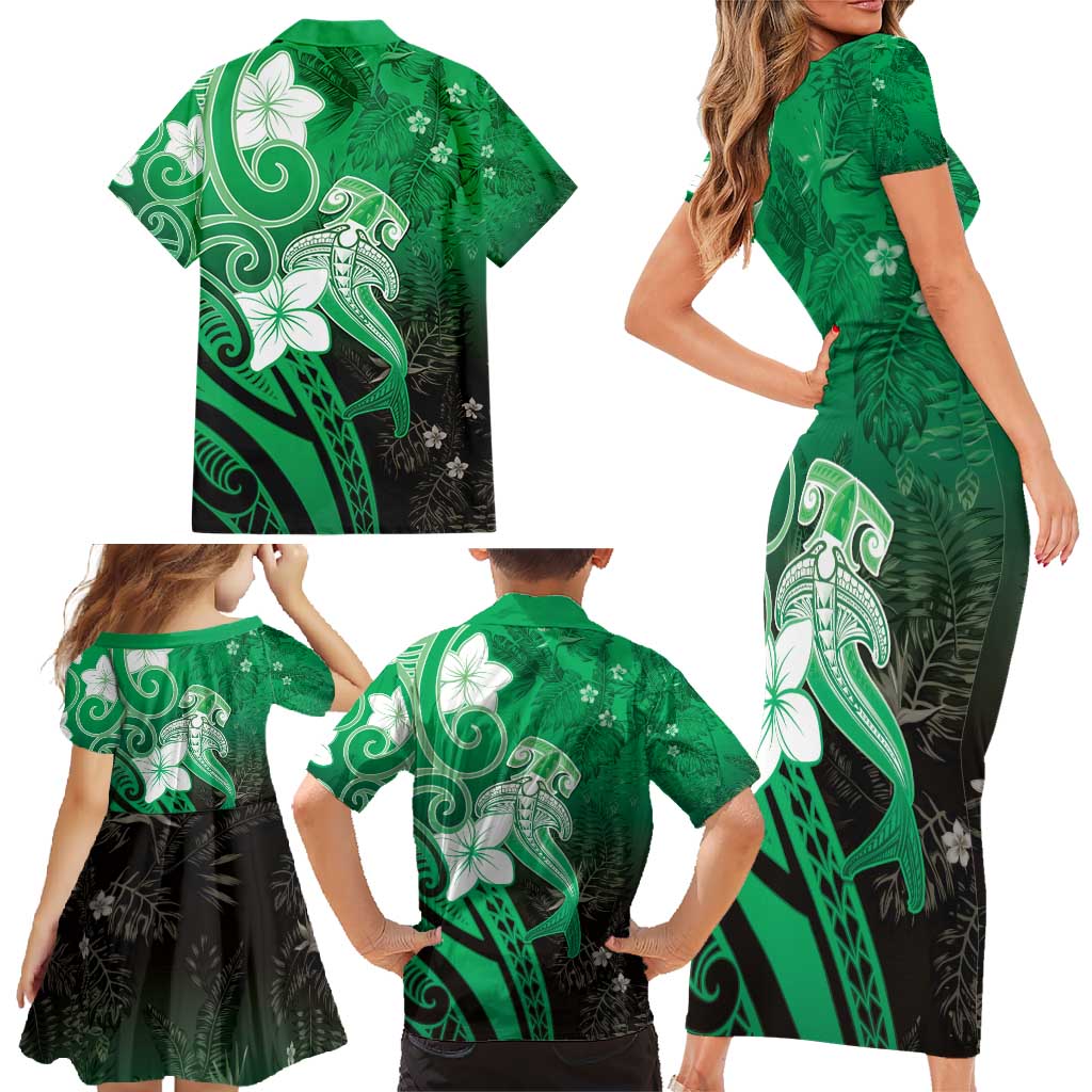 Polynesia Hammerhead Shark Family Matching Short Sleeve Bodycon Dress and Hawaiian Shirt Green Tribal Pattern With Plumeria - Polynesian Pride