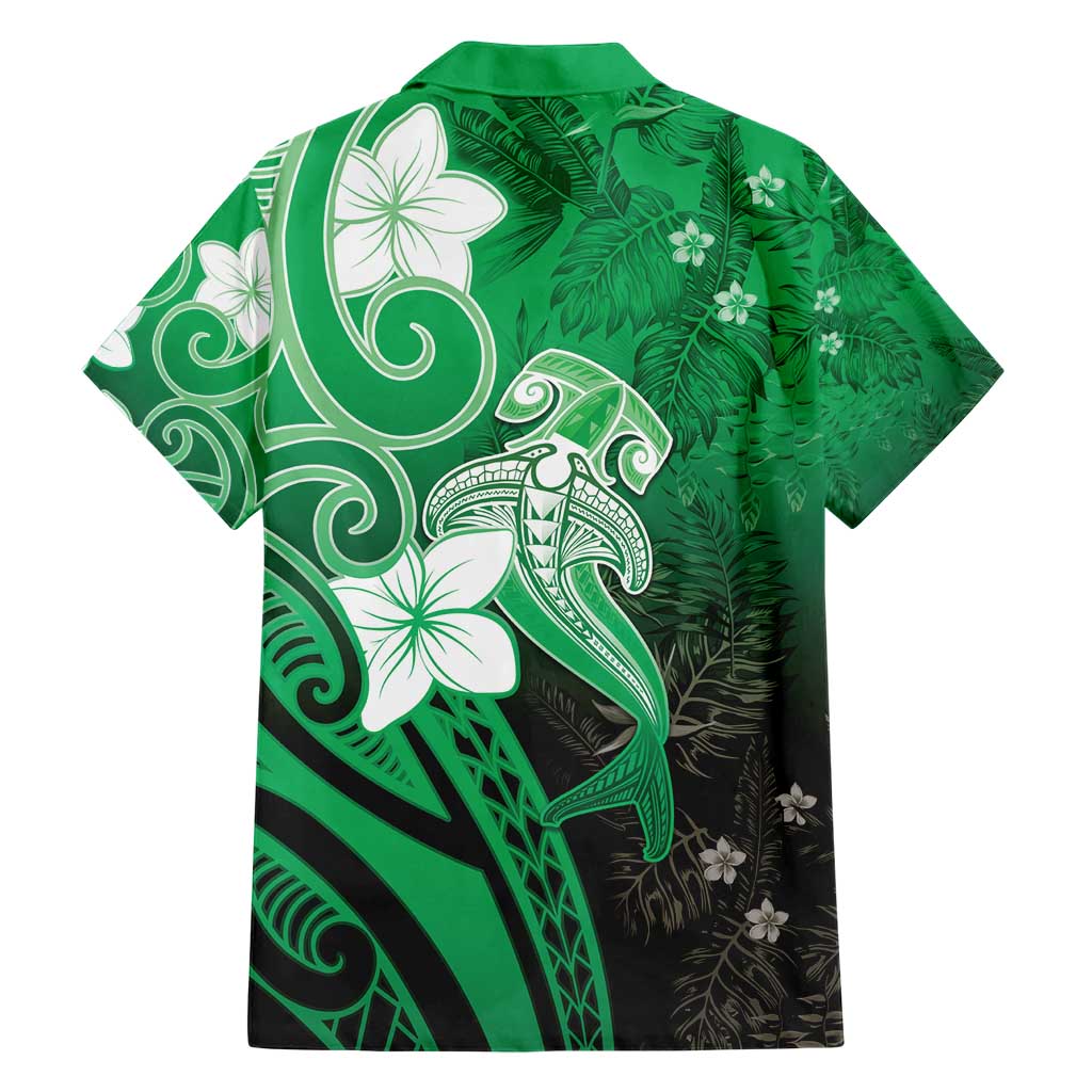Polynesia Hammerhead Shark Family Matching Short Sleeve Bodycon Dress and Hawaiian Shirt Green Tribal Pattern With Plumeria - Polynesian Pride