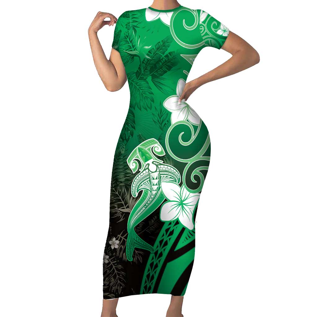 Polynesia Hammerhead Shark Family Matching Short Sleeve Bodycon Dress and Hawaiian Shirt Green Tribal Pattern With Plumeria - Polynesian Pride