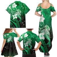 Polynesia Hammerhead Shark Family Matching Summer Maxi Dress and Hawaiian Shirt Green Tribal Pattern With Plumeria - Polynesian Pride