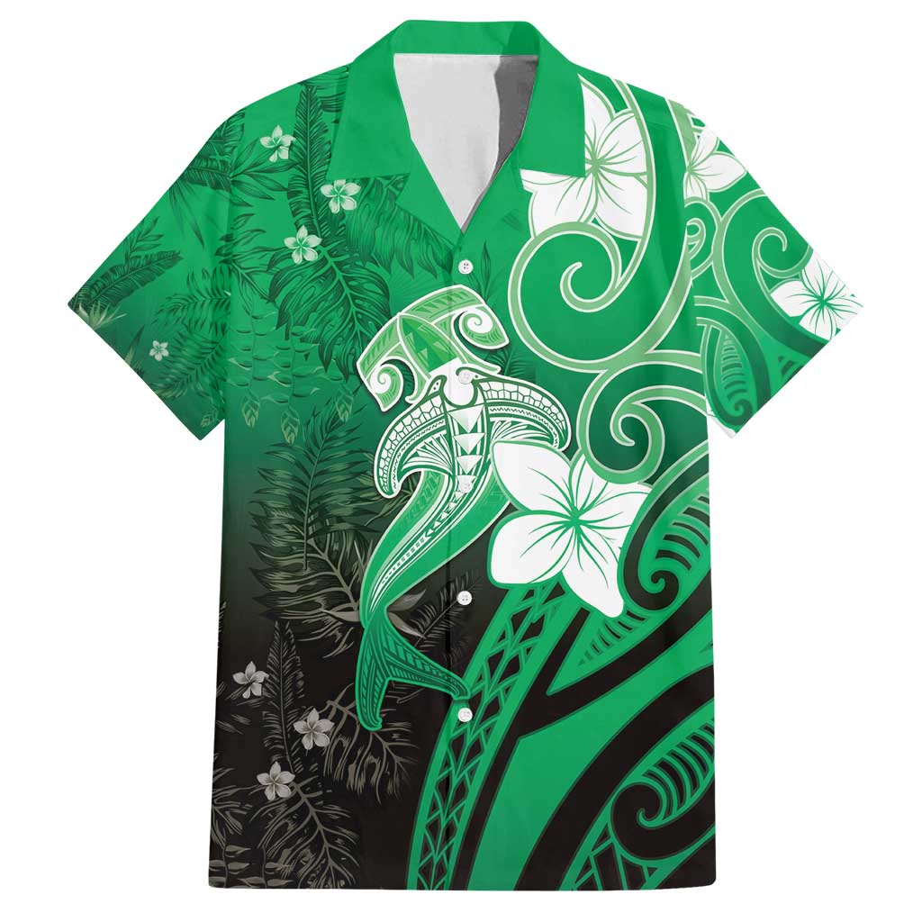 Polynesia Hammerhead Shark Family Matching Summer Maxi Dress and Hawaiian Shirt Green Tribal Pattern With Plumeria - Polynesian Pride