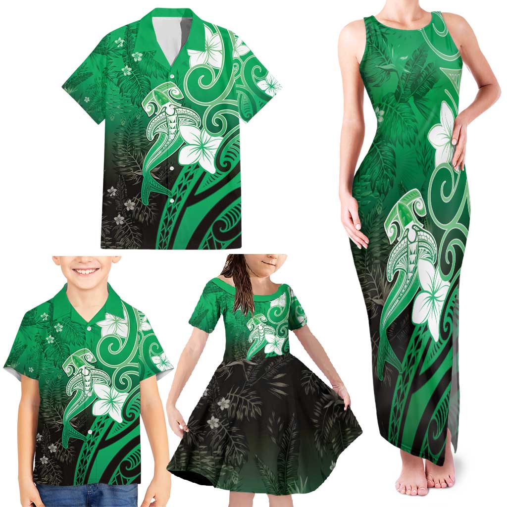 Polynesia Hammerhead Shark Family Matching Tank Maxi Dress and Hawaiian Shirt Green Tribal Pattern With Plumeria LT05 - Polynesian Pride