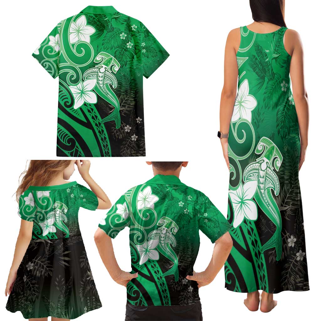 Polynesia Hammerhead Shark Family Matching Tank Maxi Dress and Hawaiian Shirt Green Tribal Pattern With Plumeria - Polynesian Pride