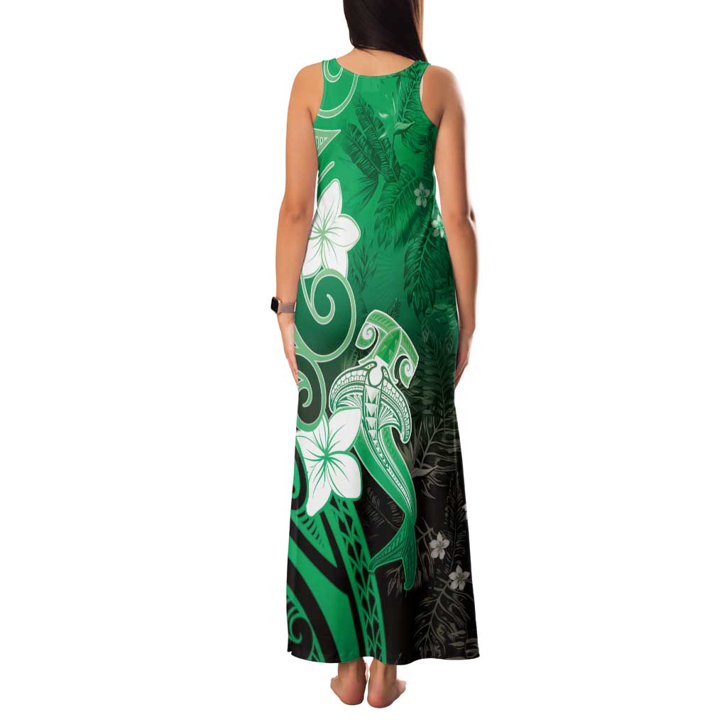 Polynesia Hammerhead Shark Family Matching Tank Maxi Dress and Hawaiian Shirt Green Tribal Pattern With Plumeria - Polynesian Pride