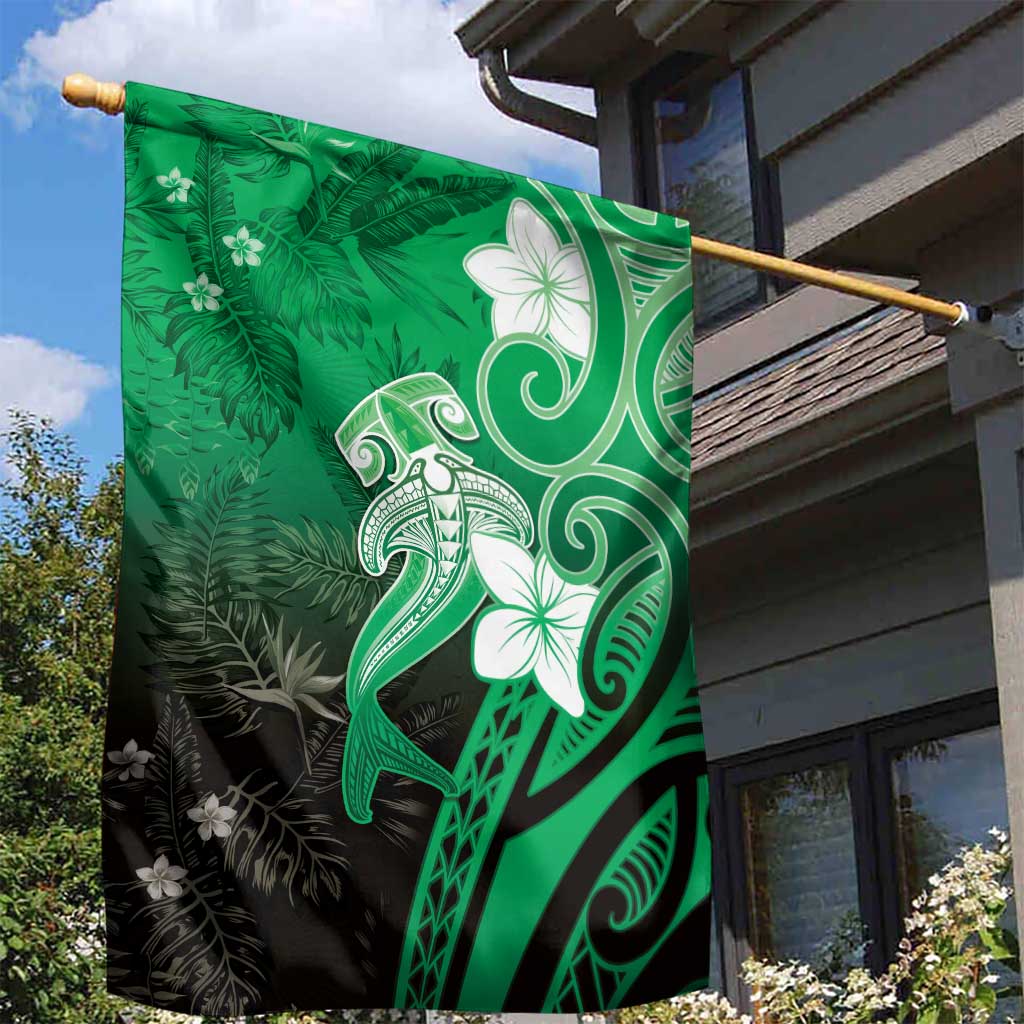 Polynesia Hammerhead Shark Garden Flag Green Tribal Pattern With Plumeria - Polynesian Pride