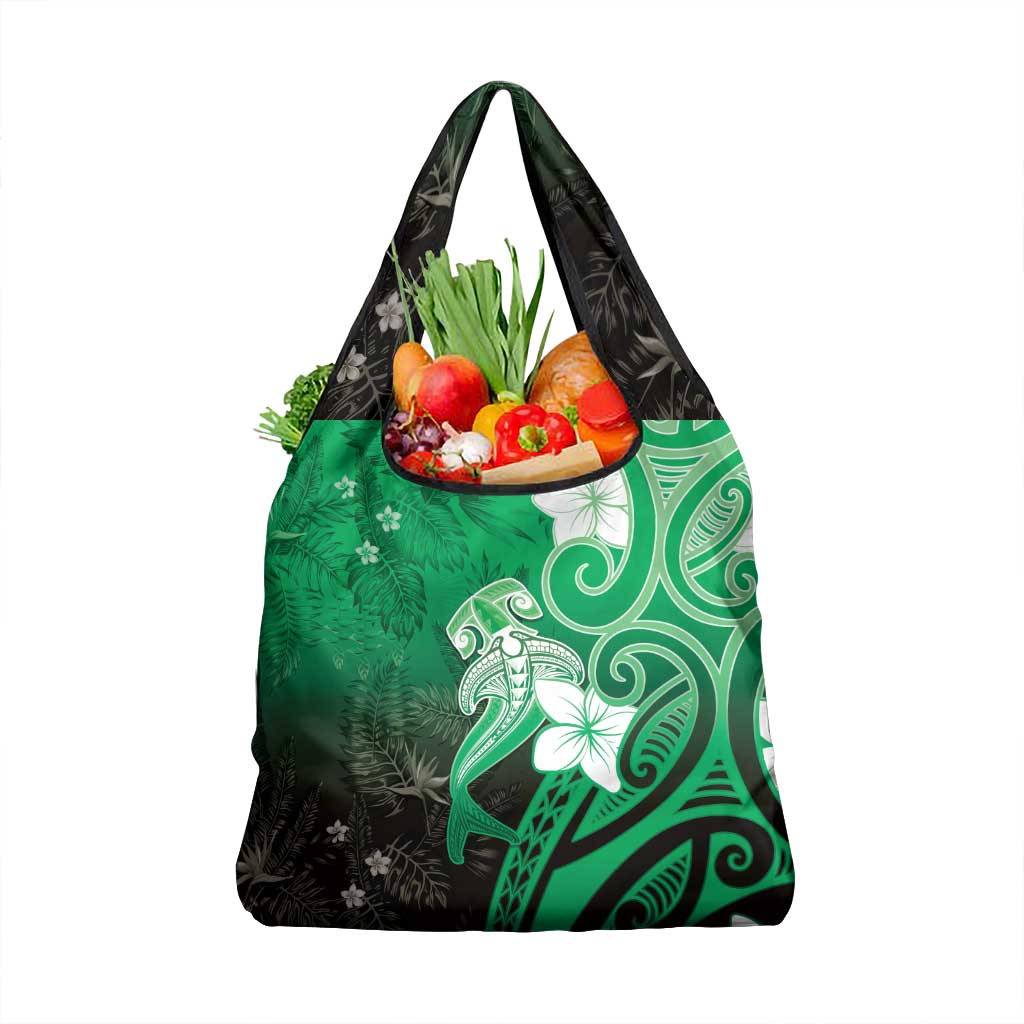 Polynesia Hammerhead Shark Grocery Bag Green Tribal Pattern With Plumeria LT05 1-pack One Size Green - Polynesian Pride