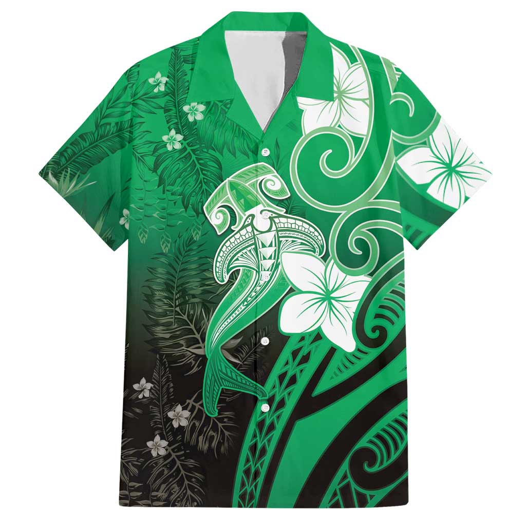 Polynesia Hammerhead Shark Hawaiian Shirt Green Tribal Pattern With Plumeria LT05 Green - Polynesian Pride