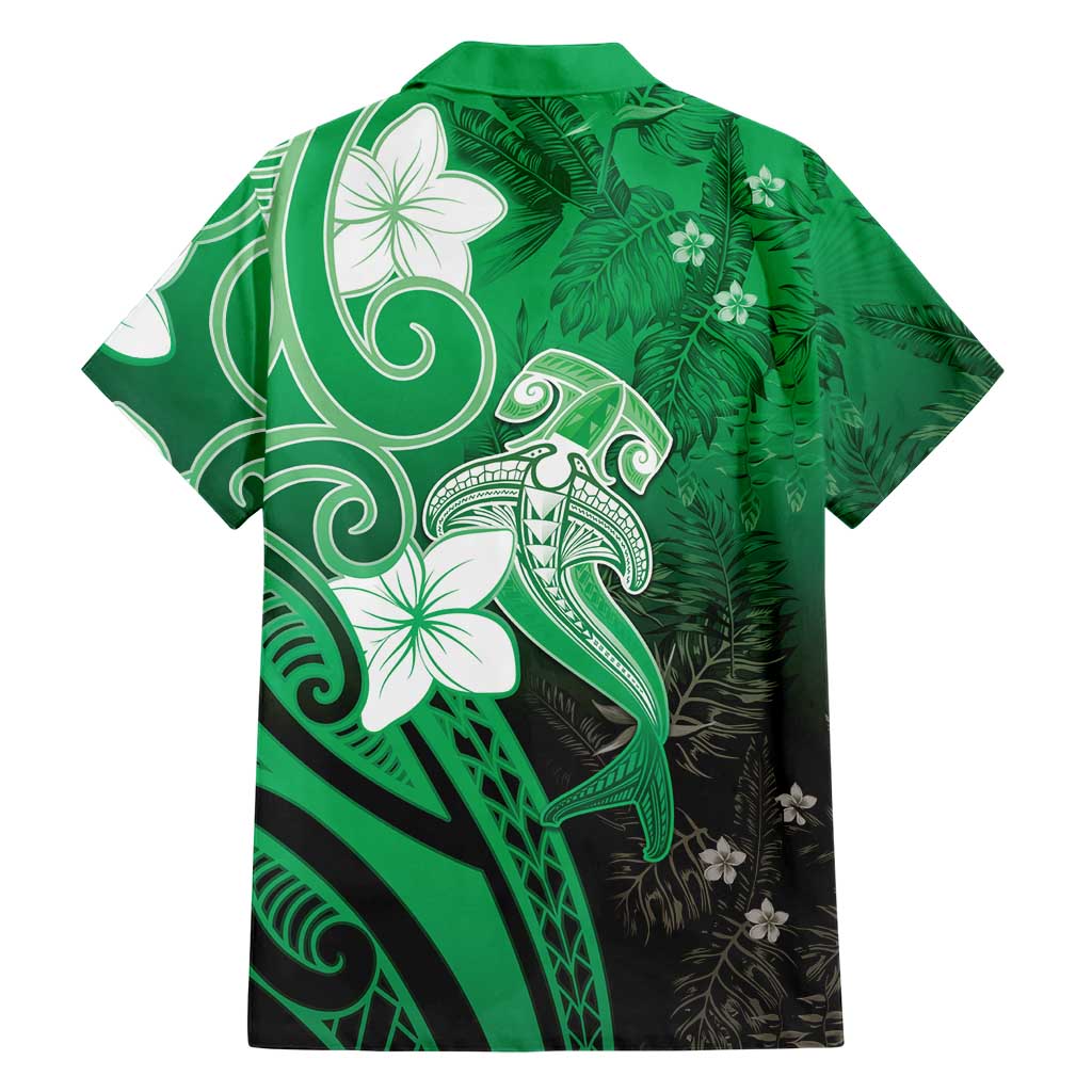 Polynesia Hammerhead Shark Hawaiian Shirt Green Tribal Pattern With Plumeria - Polynesian Pride