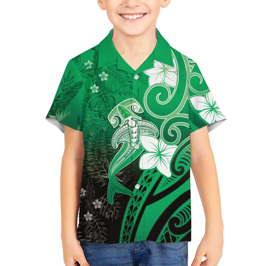Polynesia Hammerhead Shark Hawaiian Shirt Green Tribal Pattern With Plumeria - Polynesian Pride