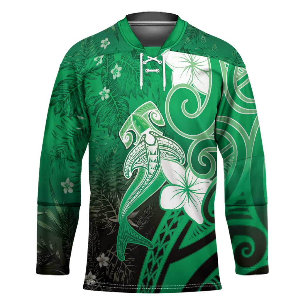 Polynesia Hammerhead Shark Hockey Jersey Green Tribal Pattern With Plumeria - Polynesian Pride