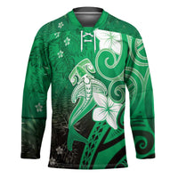 Polynesia Hammerhead Shark Hockey Jersey Green Tribal Pattern With Plumeria - Polynesian Pride