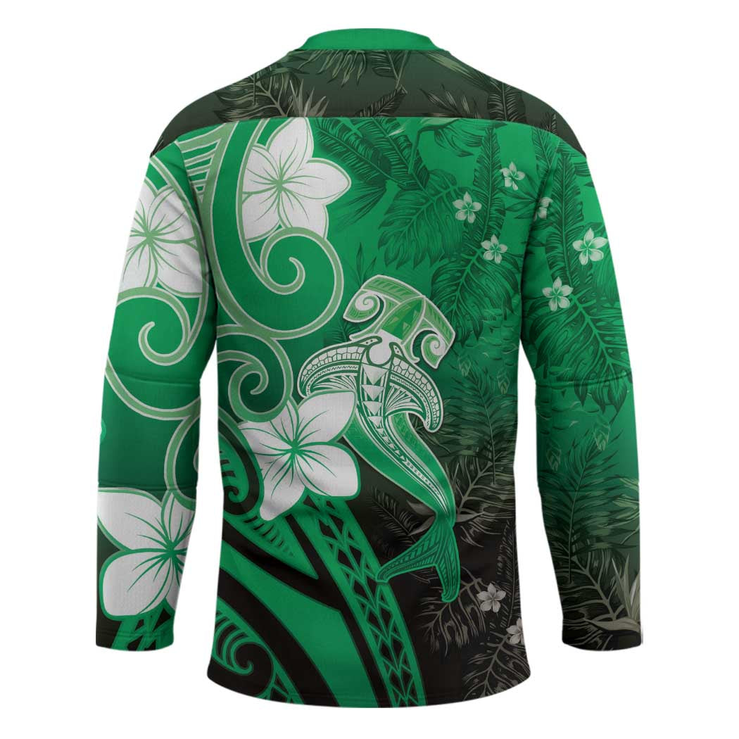 Polynesia Hammerhead Shark Hockey Jersey Green Tribal Pattern With Plumeria - Polynesian Pride