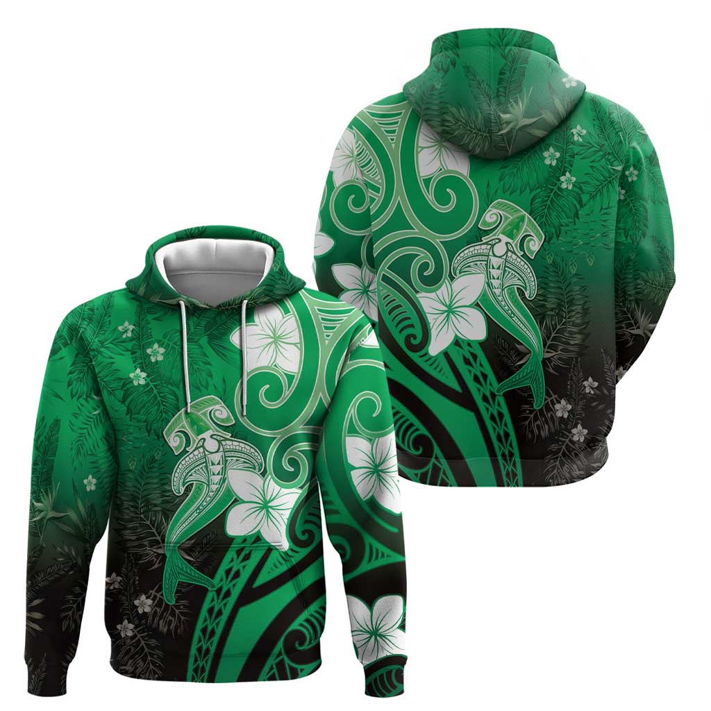 Polynesia Hammerhead Shark Hoodie Green Tribal Pattern With Plumeria - Polynesian Pride