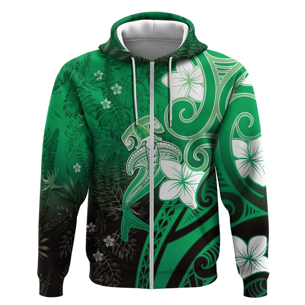 Polynesia Hammerhead Shark Hoodie Green Tribal Pattern With Plumeria - Polynesian Pride