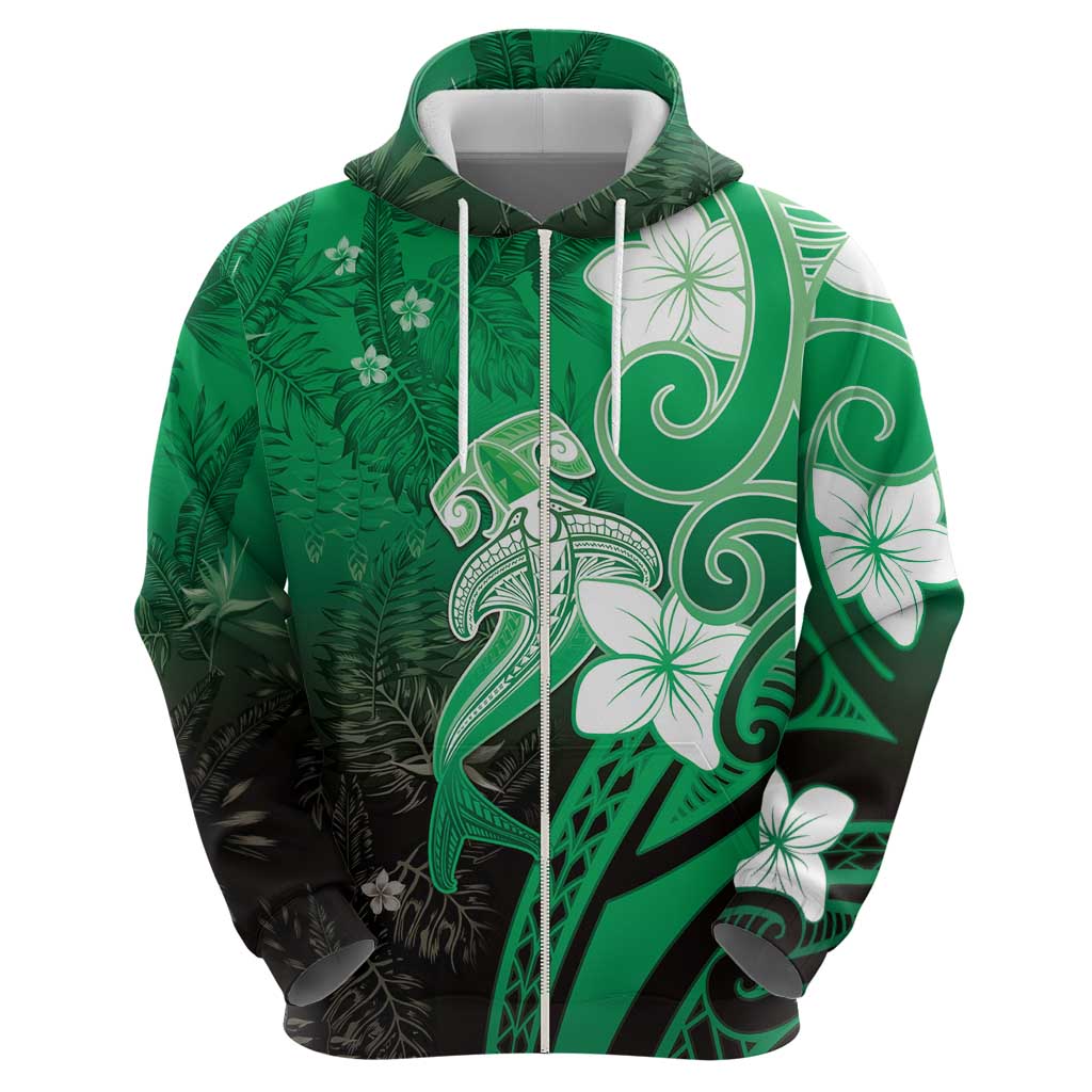 Polynesia Hammerhead Shark Hoodie Green Tribal Pattern With Plumeria - Polynesian Pride