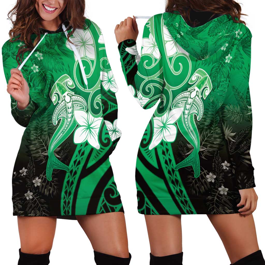 Polynesia Hammerhead Shark Hoodie Dress Green Tribal Pattern With Plumeria - Polynesian Pride