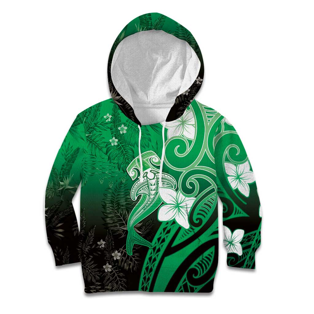 Polynesia Hammerhead Shark Kid Hoodie Green Tribal Pattern With Plumeria - Polynesian Pride