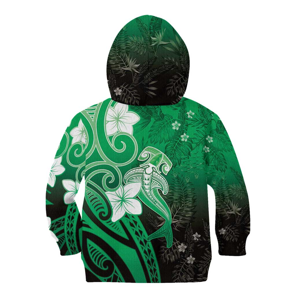 Polynesia Hammerhead Shark Kid Hoodie Green Tribal Pattern With Plumeria - Polynesian Pride