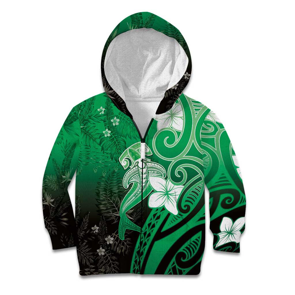 Polynesia Hammerhead Shark Kid Hoodie Green Tribal Pattern With Plumeria - Polynesian Pride
