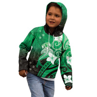 Polynesia Hammerhead Shark Kid Hoodie Green Tribal Pattern With Plumeria - Polynesian Pride