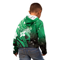 Polynesia Hammerhead Shark Kid Hoodie Green Tribal Pattern With Plumeria - Polynesian Pride