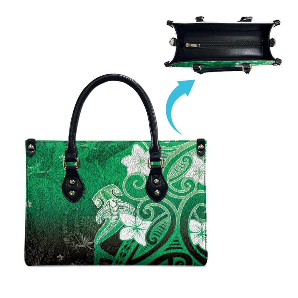 Polynesia Hammerhead Shark Leather Bag Green Tribal Pattern With Plumeria - Polynesian Pride
