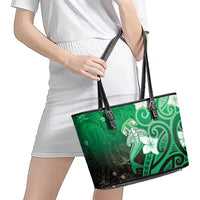 Polynesia Hammerhead Shark Leather Tote Bag Green Tribal Pattern With Plumeria - Polynesian Pride