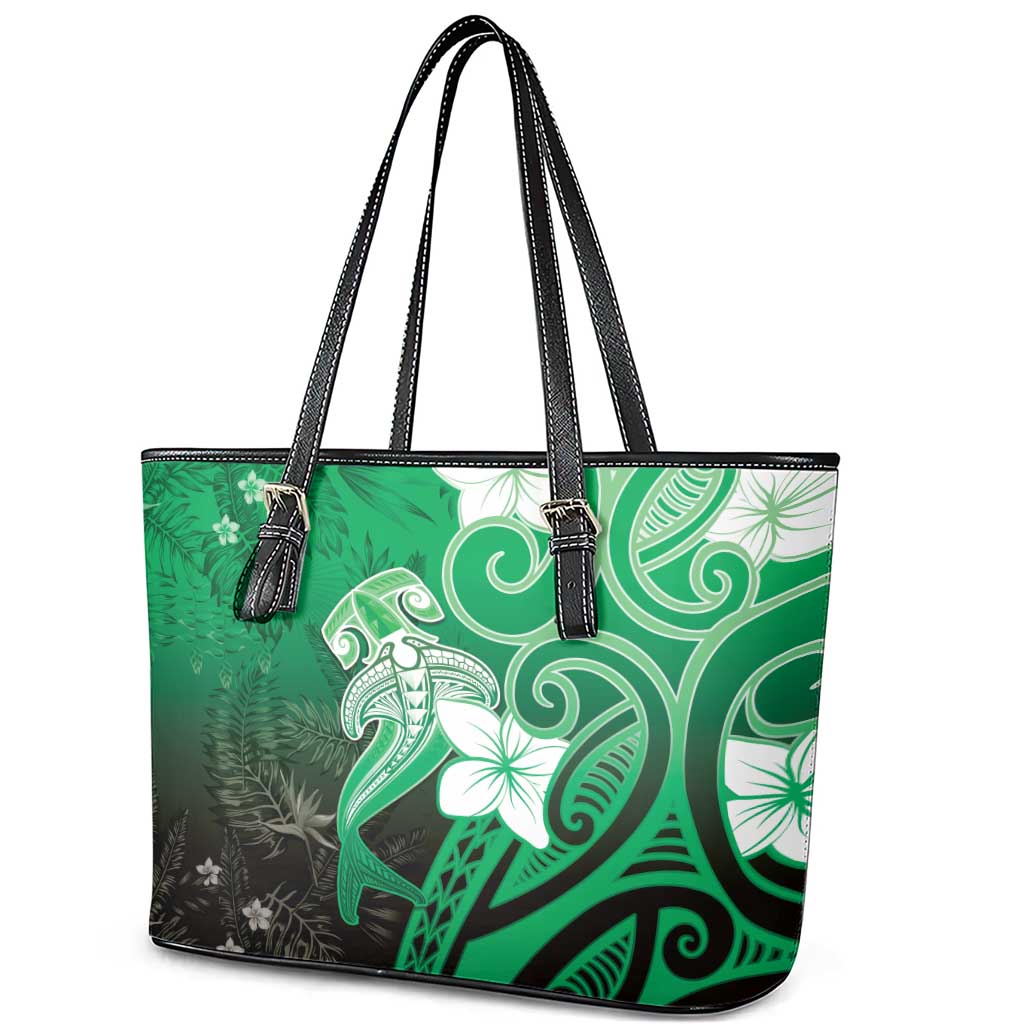Polynesia Hammerhead Shark Leather Tote Bag Green Tribal Pattern With Plumeria - Polynesian Pride