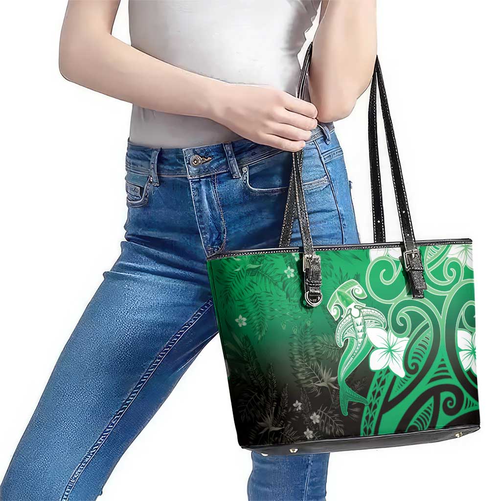 Polynesia Hammerhead Shark Leather Tote Bag Green Tribal Pattern With Plumeria - Polynesian Pride