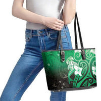 Polynesia Hammerhead Shark Leather Tote Bag Green Tribal Pattern With Plumeria - Polynesian Pride