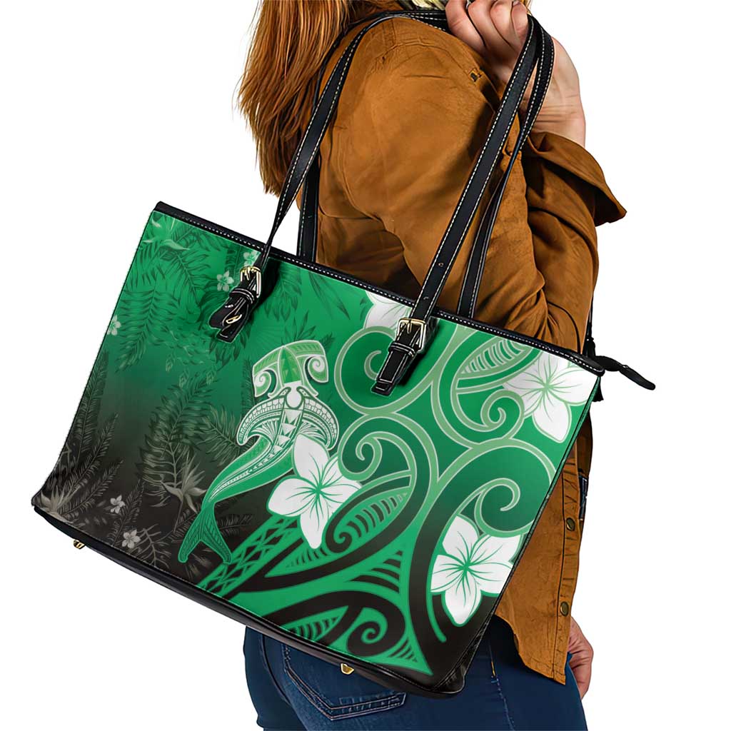 Polynesia Hammerhead Shark Leather Tote Bag Green Tribal Pattern With Plumeria - Polynesian Pride