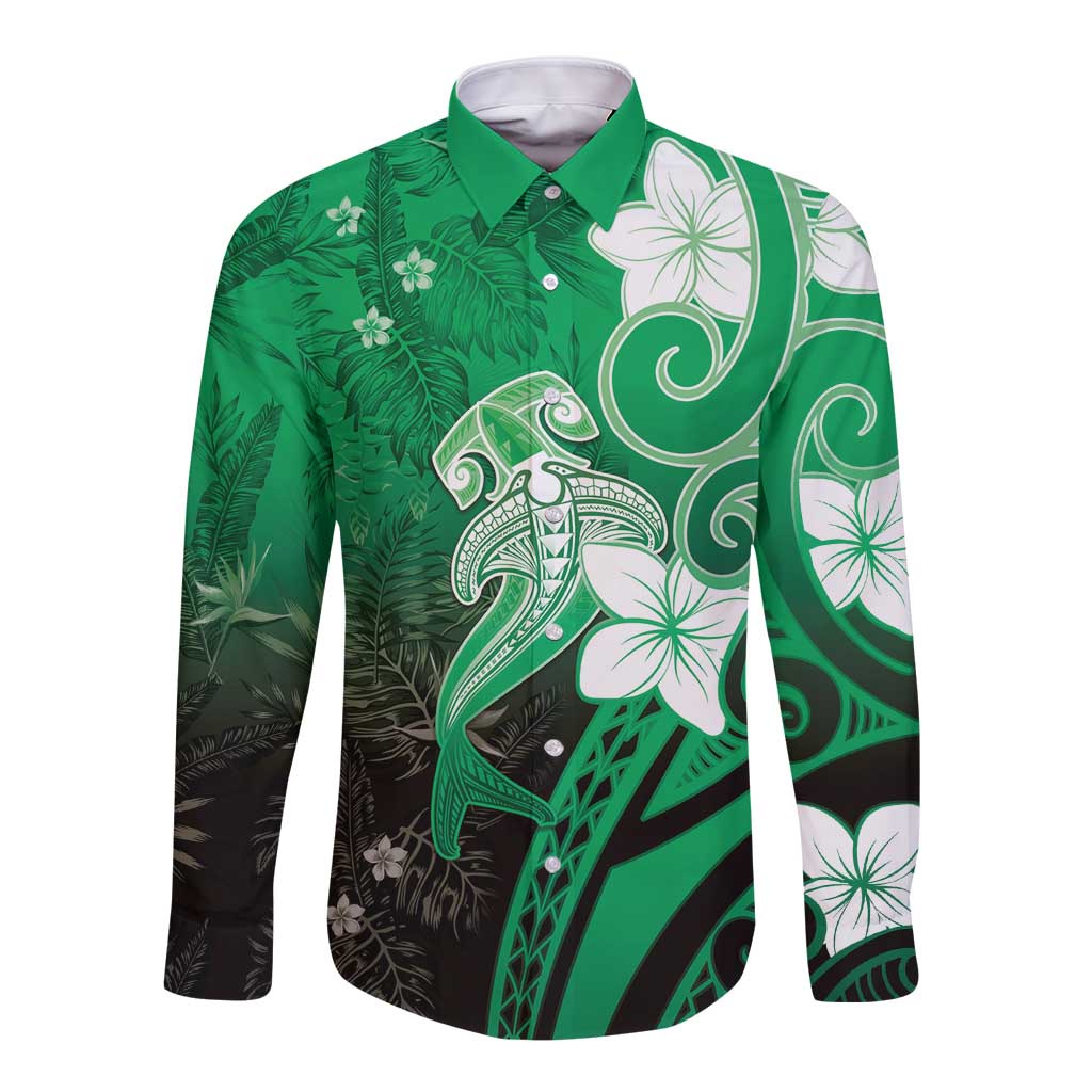Polynesia Hammerhead Shark Long Sleeve Button Shirt Green Tribal Pattern With Plumeria - Polynesian Pride
