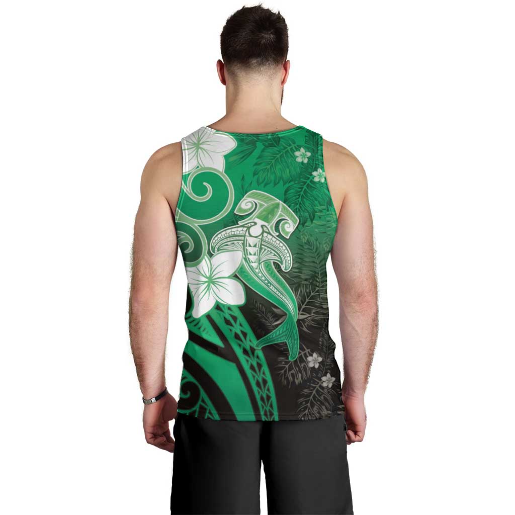 Polynesia Hammerhead Shark Men Tank Top Green Tribal Pattern With Plumeria - Polynesian Pride