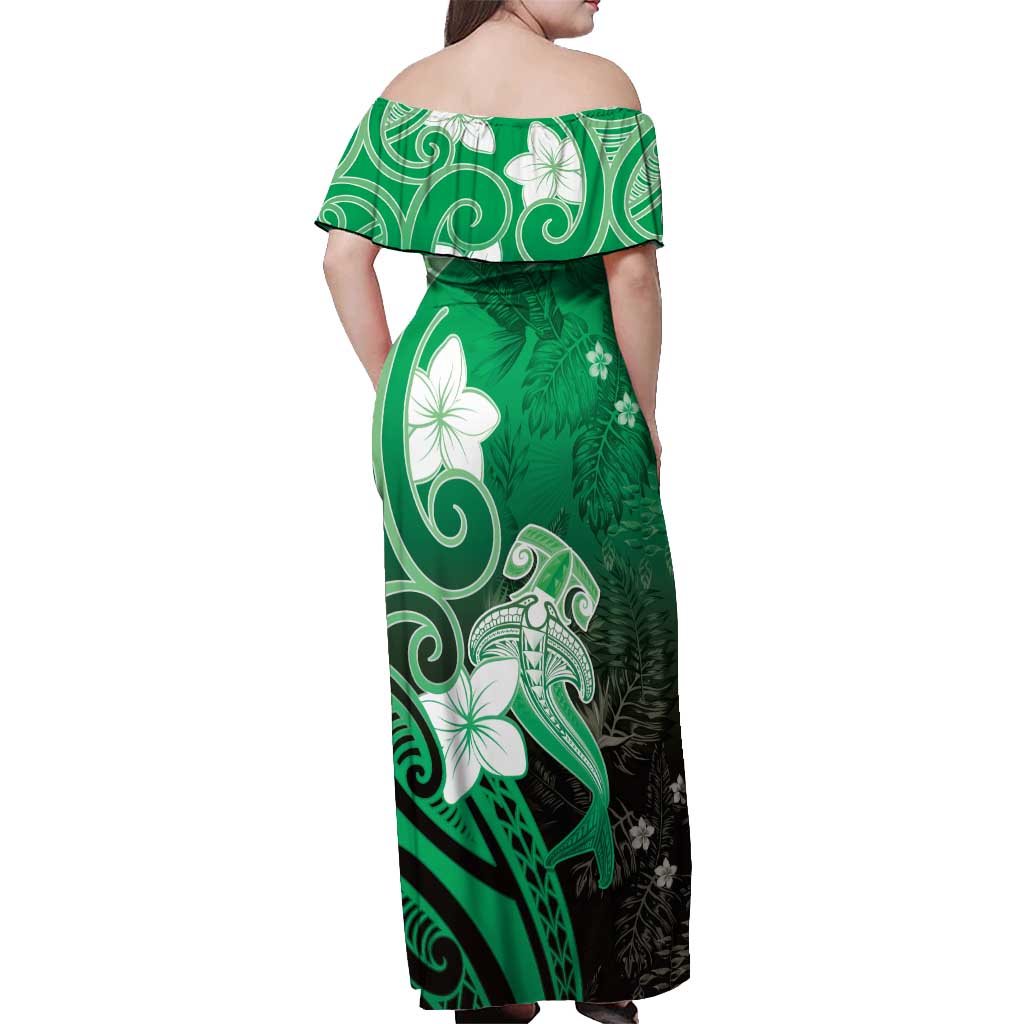 Polynesia Hammerhead Shark Off Shoulder Maxi Dress Green Tribal Pattern With Plumeria - Polynesian Pride