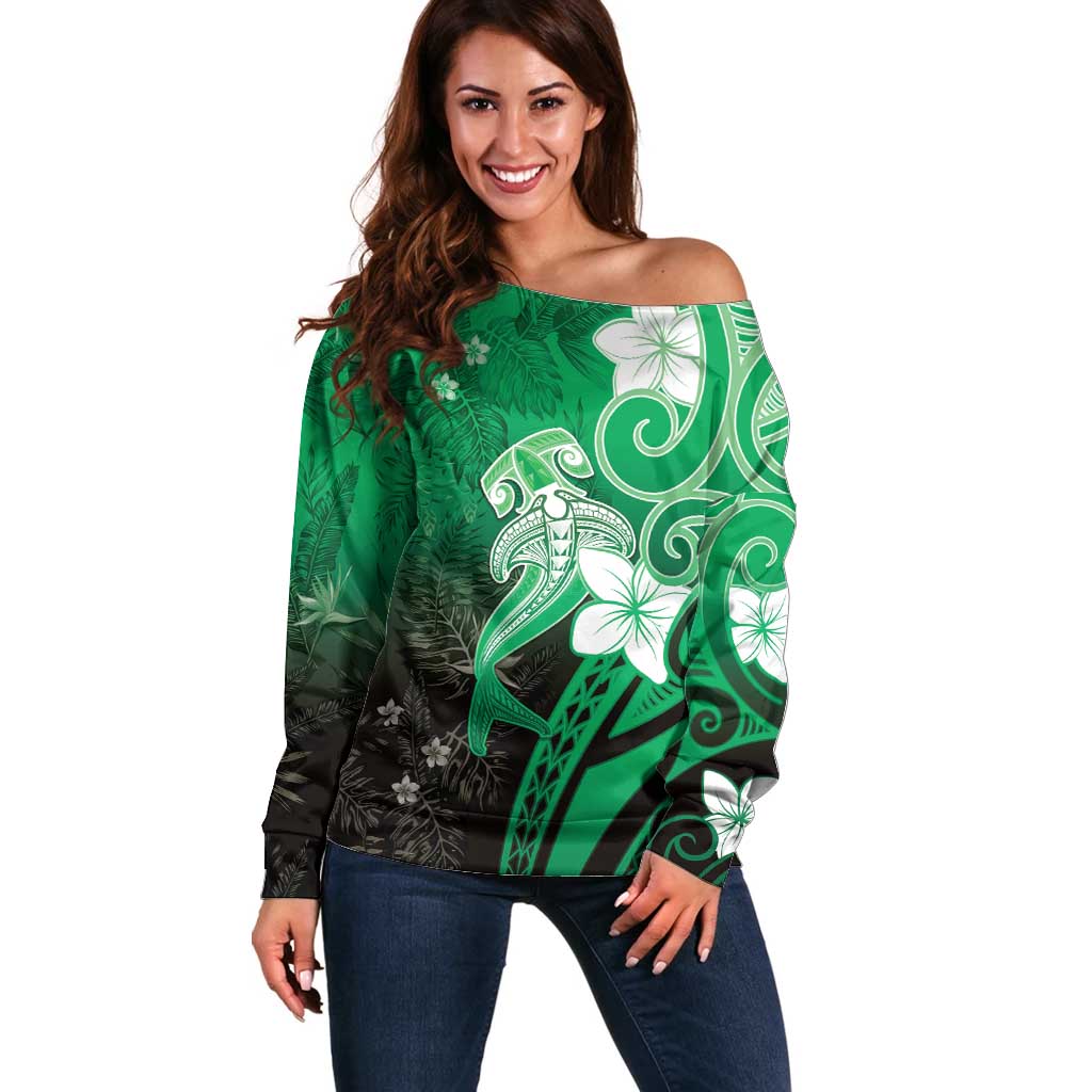 Polynesia Hammerhead Shark Off Shoulder Sweater Green Tribal Pattern With Plumeria LT05 Women Green - Polynesian Pride