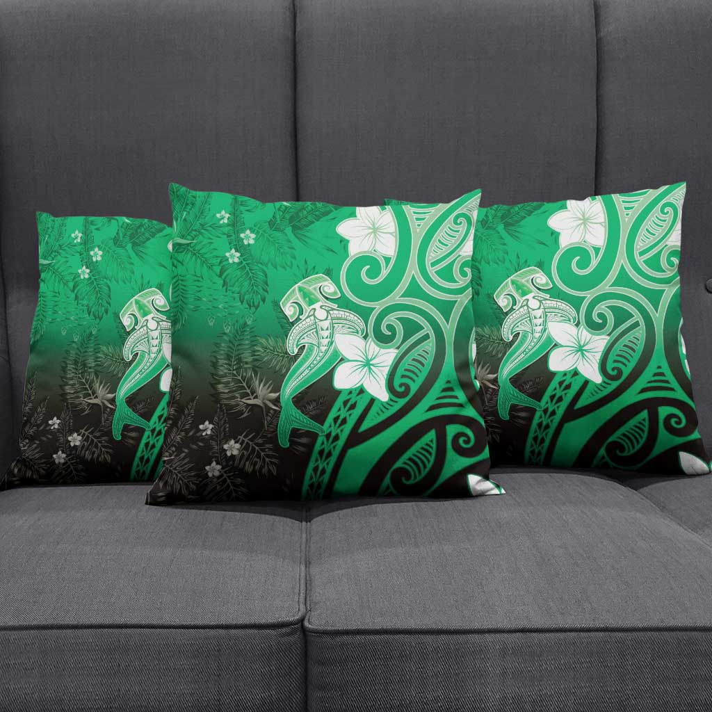 Polynesia Hammerhead Shark Pillow Cover Green Tribal Pattern With Plumeria - Polynesian Pride