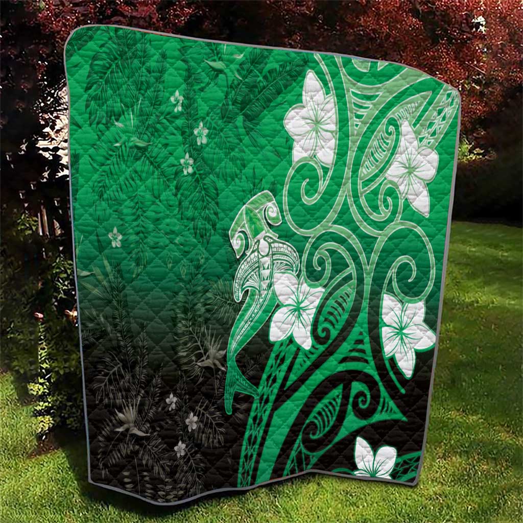 Polynesia Hammerhead Shark Quilt Green Tribal Pattern With Plumeria - Polynesian Pride