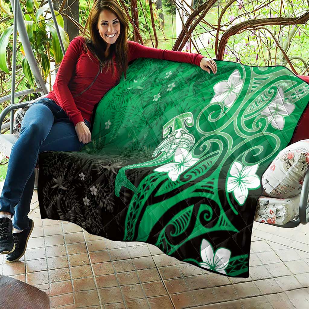 Polynesia Hammerhead Shark Quilt Green Tribal Pattern With Plumeria - Polynesian Pride