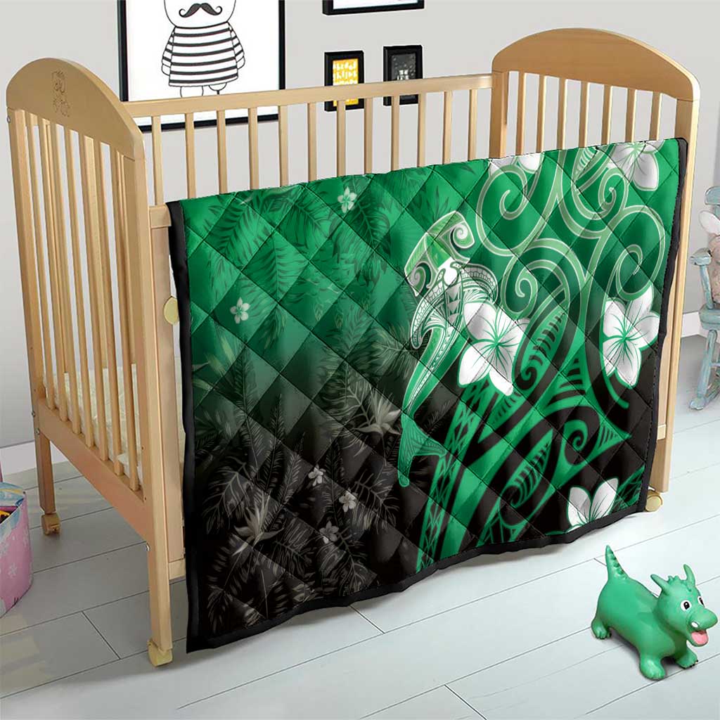Polynesia Hammerhead Shark Quilt Green Tribal Pattern With Plumeria - Polynesian Pride